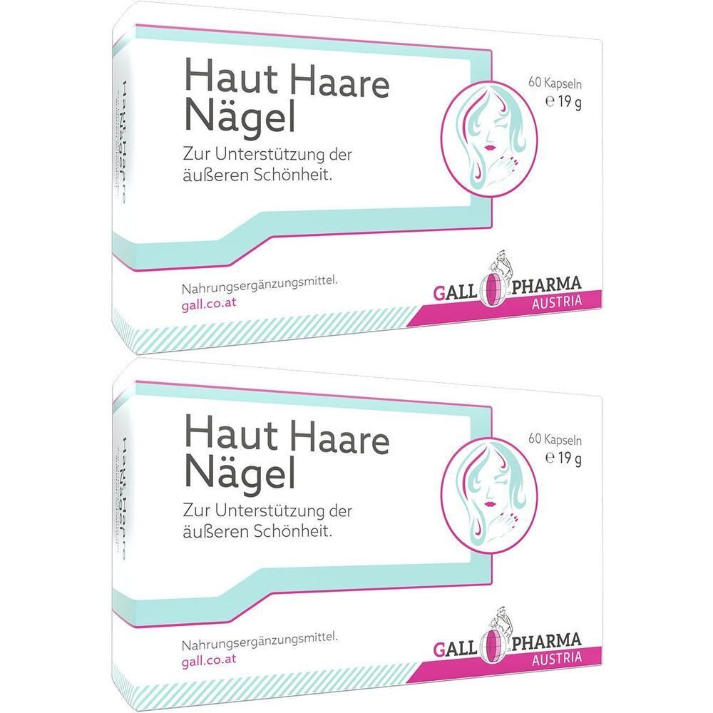 Zwei Schachteln mit Nahrungsergänzungsmittel. Aufschrift: Haut Haare Nägel. Marke: GALL PHARMA AUSTRIA. Enthält 60 Kapseln.