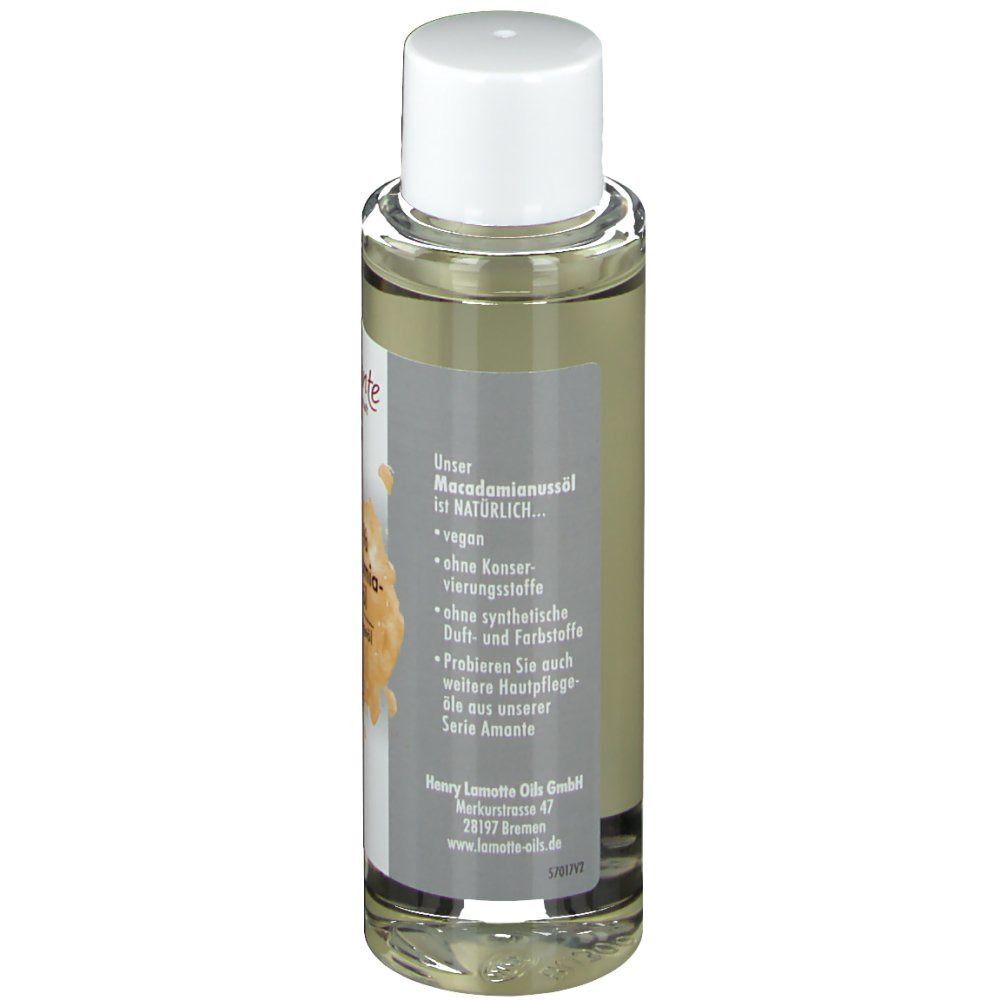 Flasche mit weißem Deckel. Aufschrift: Unter Macadamianussöl natürlich... vegan, ohne Konservierungsstoffe, ohne synthetische Duft- und Farbstoffe.