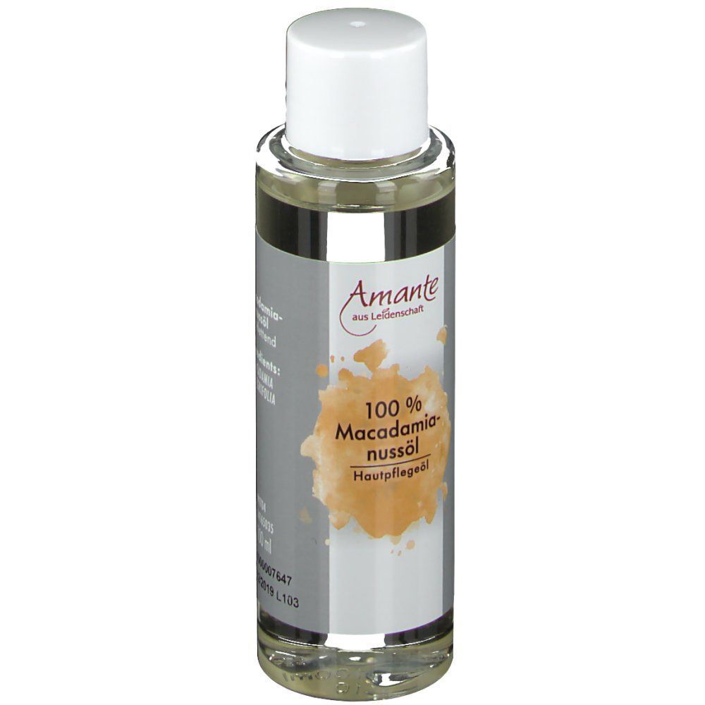 Flasche mit weißem Deckel. Aufschrift: Amante, 100% Macadamianussöl Hautpflegeöl.