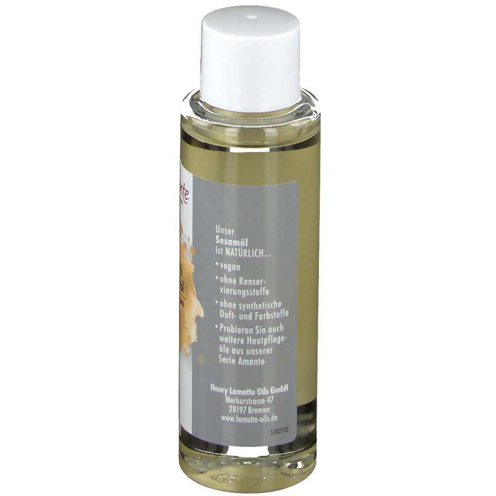 Hautpflegeöl-Flasche. Aufschrift: Amante, 100% Sesamöl, vegan, ohne Konservierungsstoffe, ohne synthetische Duft- und Farbstoffe. Transparente Flasche.