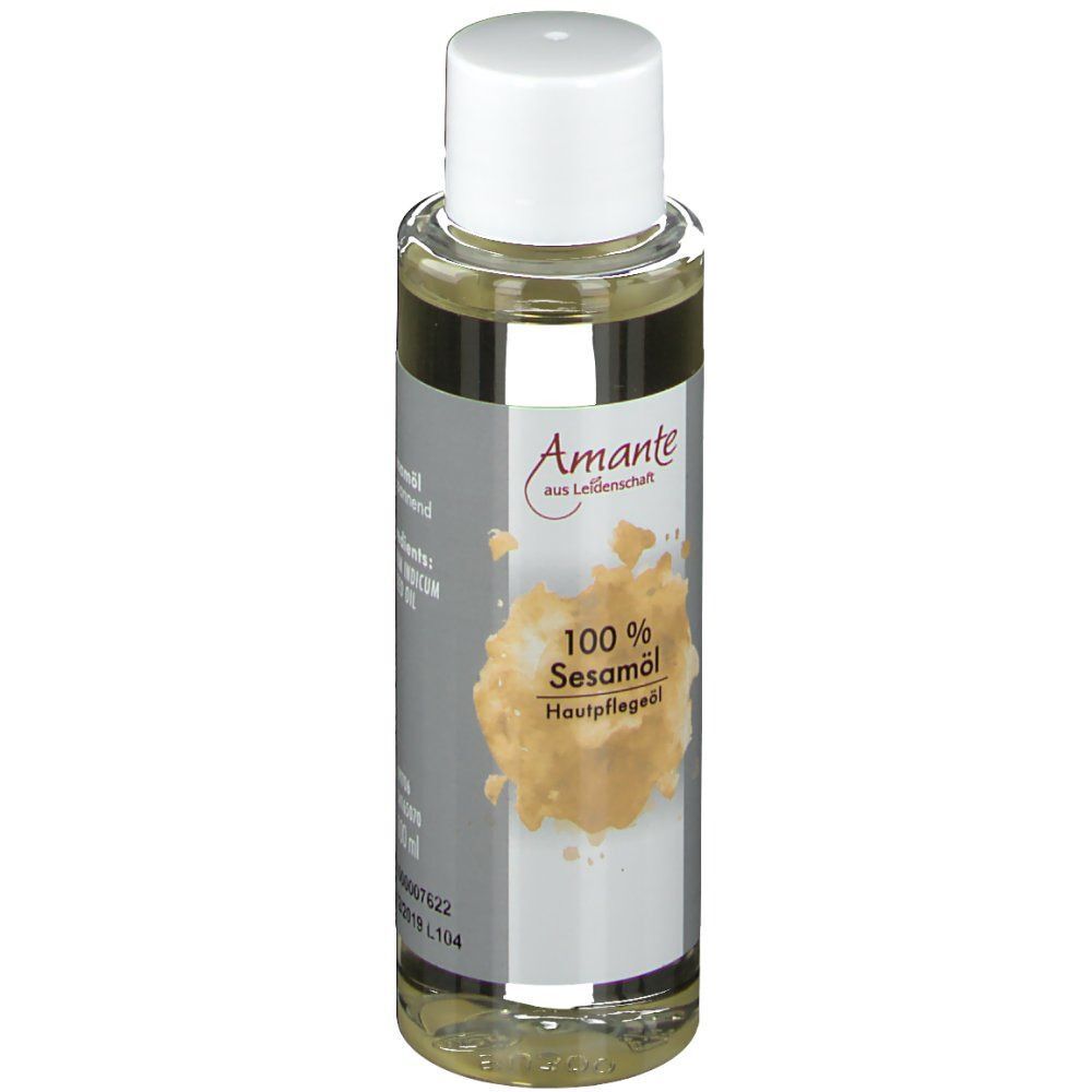 Hautpflegeöl-Flasche. Aufschrift: Amante, 100% Sesamöl. Transparente Flasche mit weißem Verschluss. Produktinformationen auf dem Etikett.
