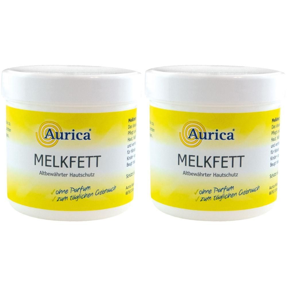 Zwei weiße Tiegel mit gelbem Etikett. Auf dem Etikett steht "Aurica MELKFETT". Text: "ohne Parfum" und "zum täglichen Gebrauch".