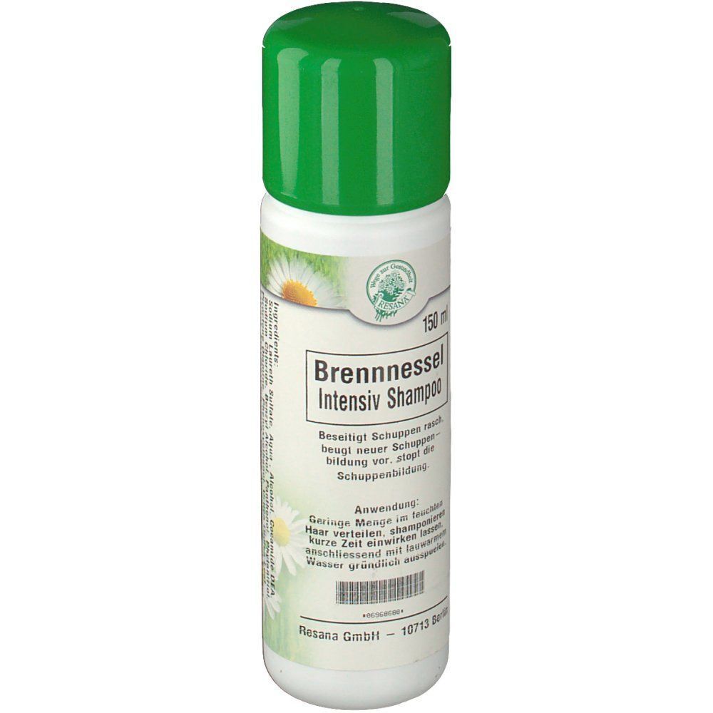 Weiße Shampoo-Flasche mit grünem Deckel. Aufschrift: Brennnessel Intensiv Shampoo. 150 ml.