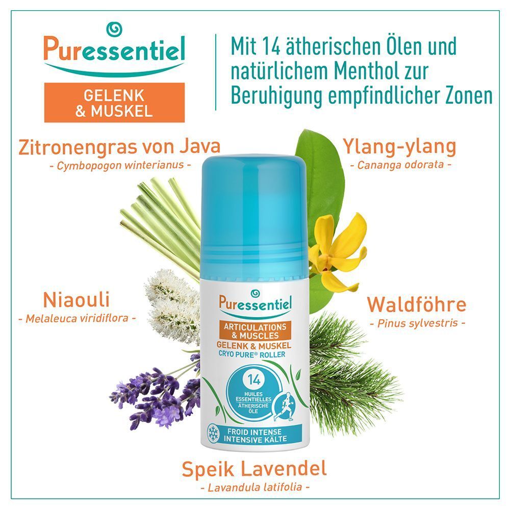 Roll-on-Flasche mit blauem Deckel. Aufschrift: Puressentiel, Articulations & Muscles, Cryo Pure Roller. Mit 14 ätherischen Ölen.