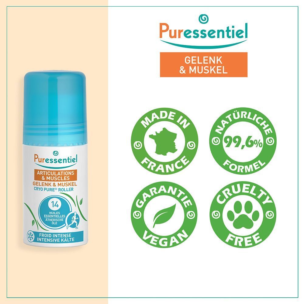 Roll-on-Flasche mit blauem Deckel. Aufschrift: Puressentiel, Articulations & Muscles, Cryo Pure Roller. Mit Zertifizierungen.