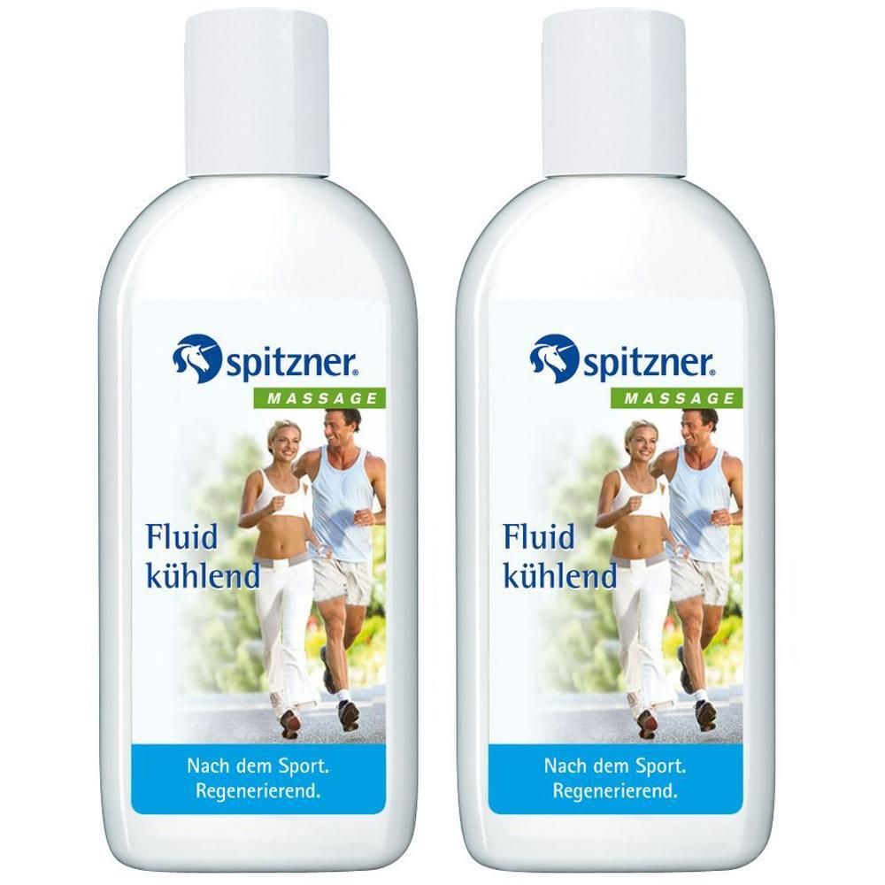 Zwei weiße Flaschen mit weißem Deckel. Aufschrift: Spitzner Massage Fluid kühlend. Abbildung von Läufern.
