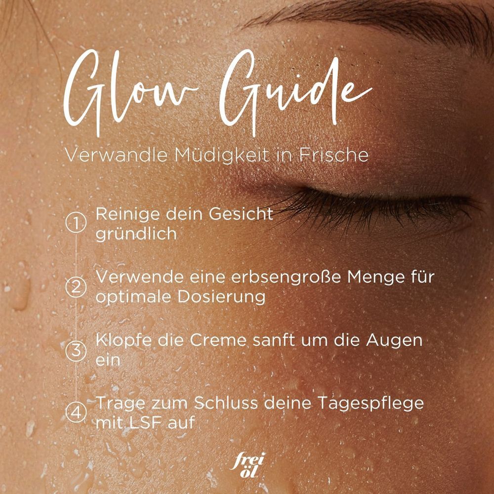 Nahaufnahme eines Auges. Text: Glow Guide. Anleitung: Gesicht reinigen, Creme auftragen, einklopfen, Tagespflege.