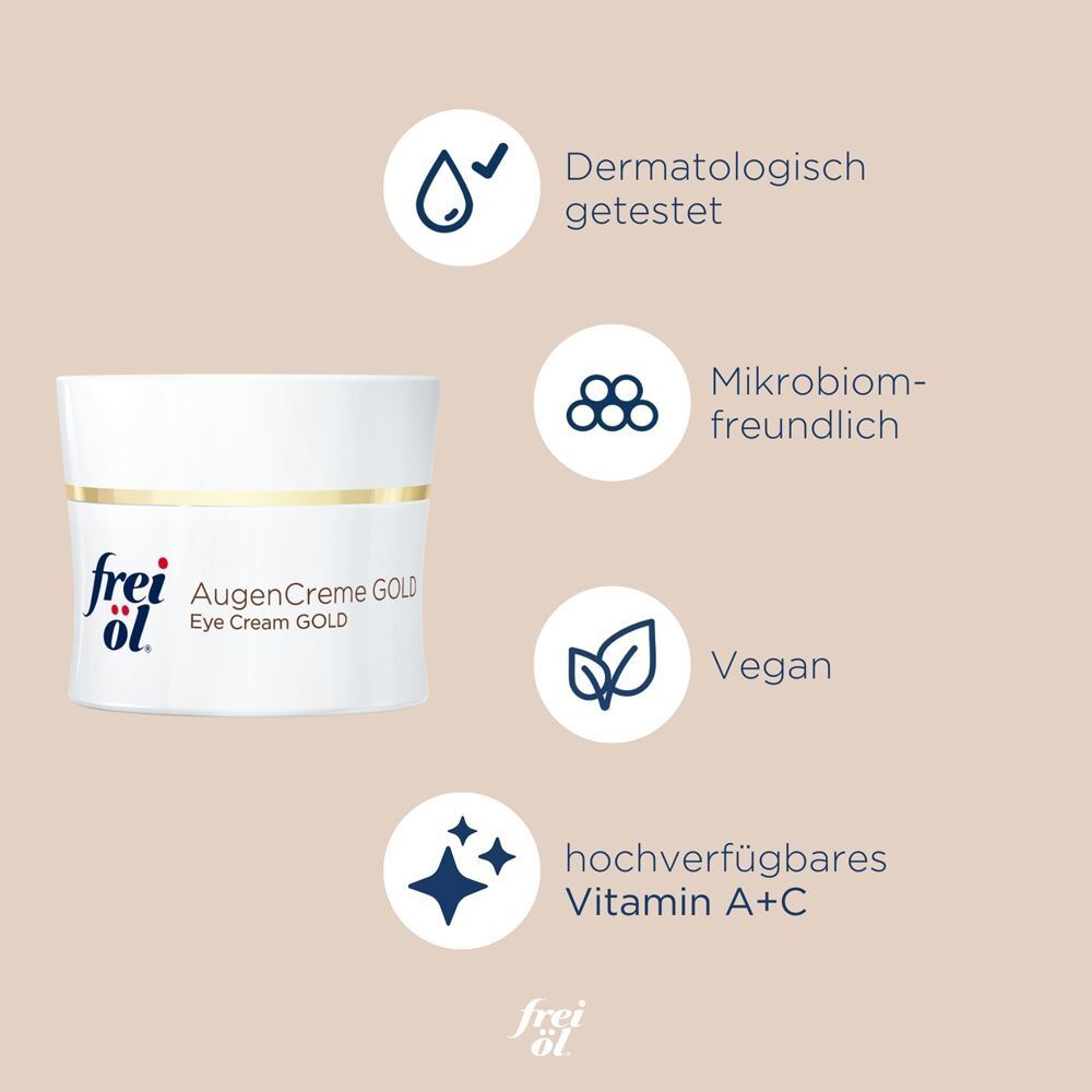 Weißer Tiegel frei öl® AugenCreme GOLD. Logos: dermatologisch getestet, mikrobiomfreundlich, vegan, Vitamin A+C.