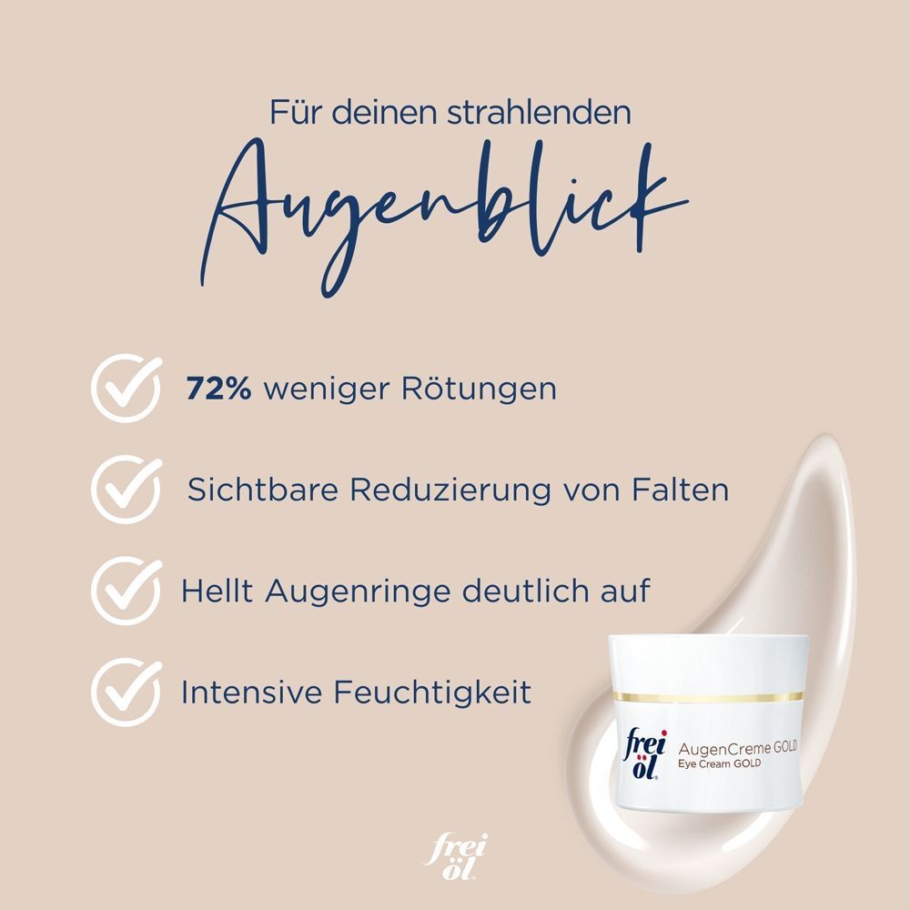 Weißer Tiegel frei öl® AugenCreme GOLD auf Creme. Text: 72% weniger Rötungen, Reduzierung Falten, Aufhellung Augenringe.