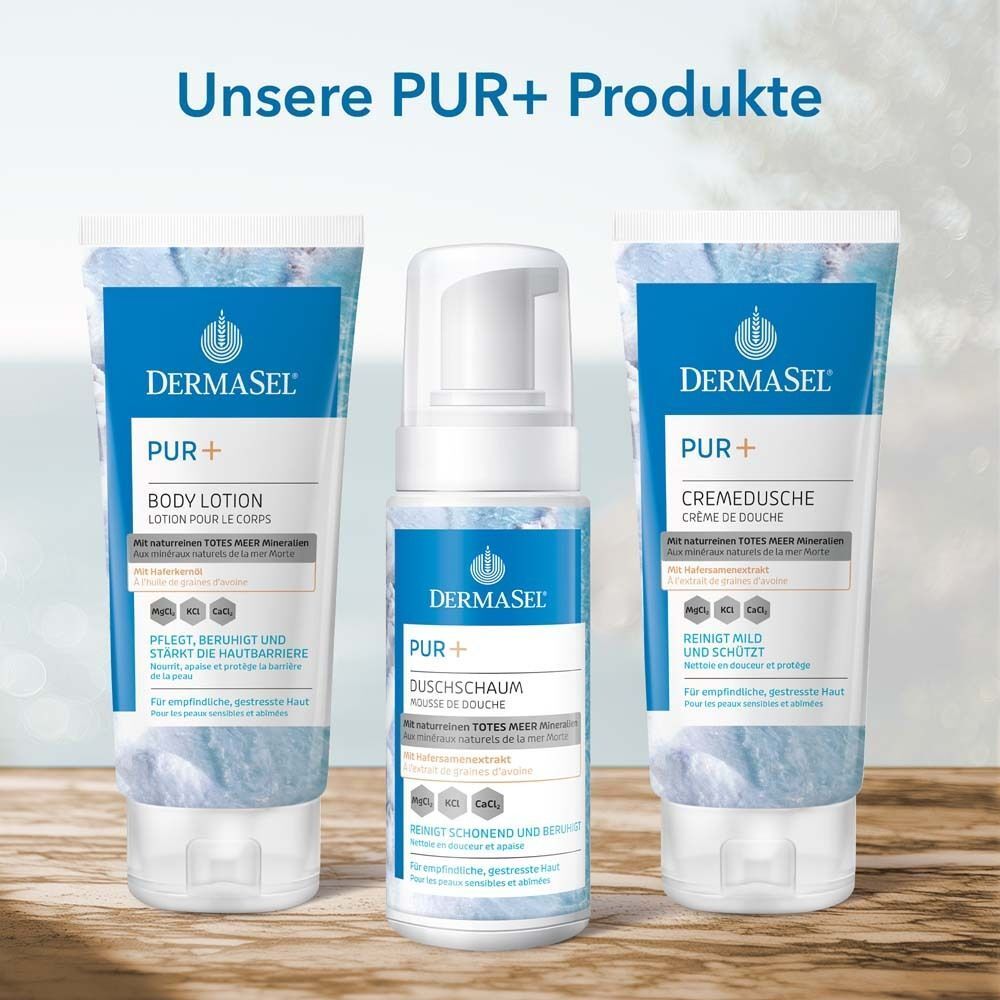 Drei DermaSel PUR+ Produkte: Body Lotion, Duschschaum, Cremedusche. Blaue Etiketten.