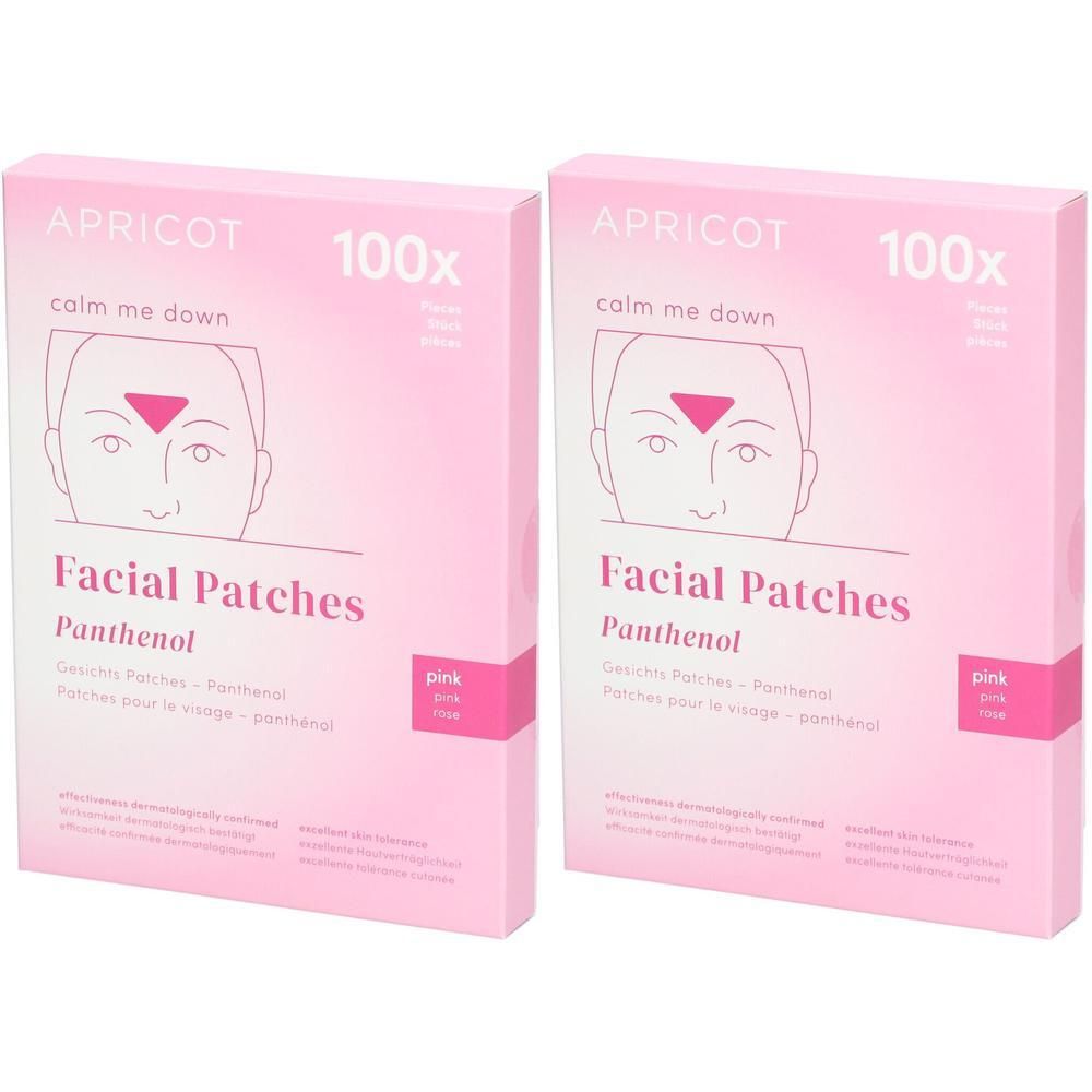 Zwei rosa Schachteln mit "APRICOT Facial Patches Panthenol". Auf jeder Schachtel ist ein Gesicht mit einem Dreieck abgebildet. "100x" ist sichtbar.