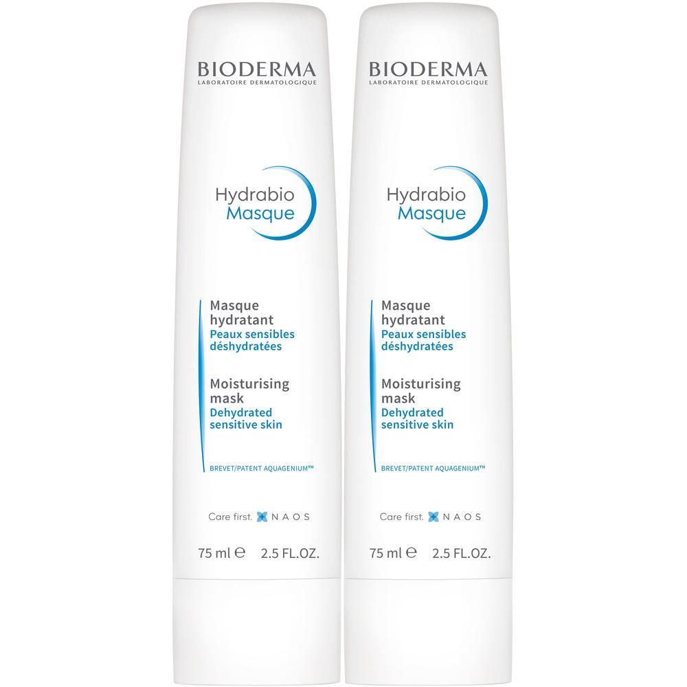 Zwei Tuben BIODERMA Hydrabio Masque. Weiße Tuben mit blauer Schrift. Text: Hydrabio Masque, feuchtigkeitsspendende Maske.