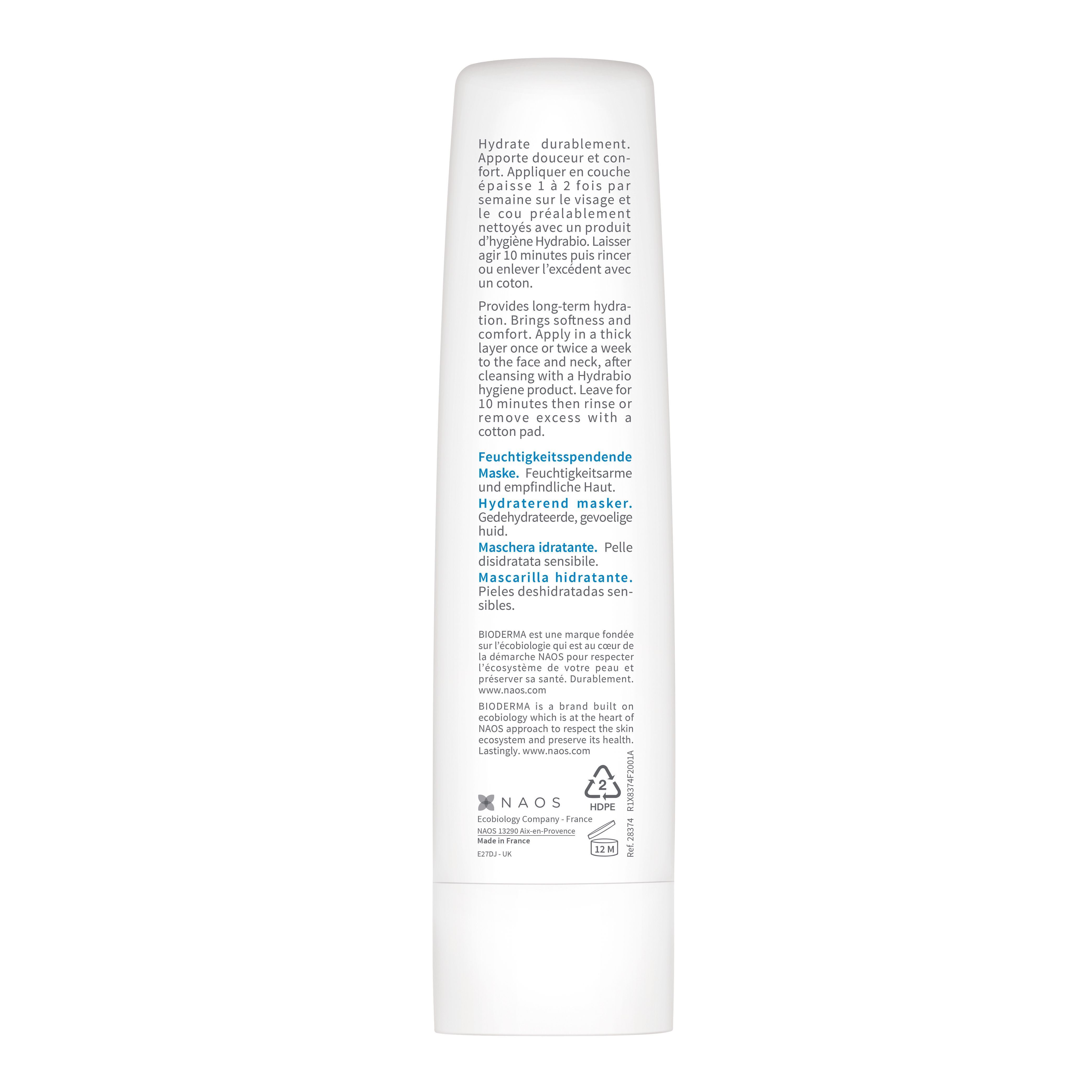 Rückseite einer weißen Tube. Text: Hydrate durablement, Feuchtigkeitsspendende Maske, Maschera idratante, Mascarilla hidratante.