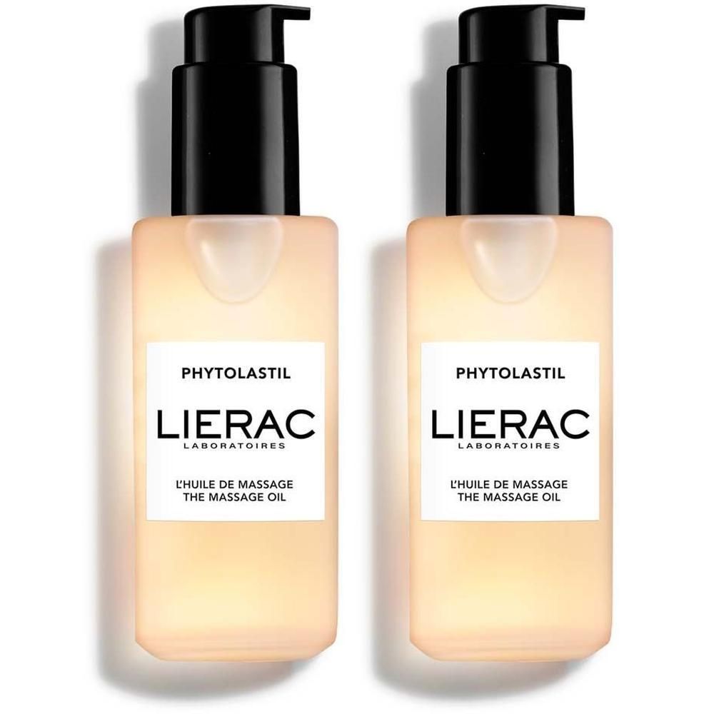 Zwei Flaschen mit schwarzem Pumpverschluss. Aufschrift: LIERAC, Phytolastil, L'huile de massage, The massage oil.