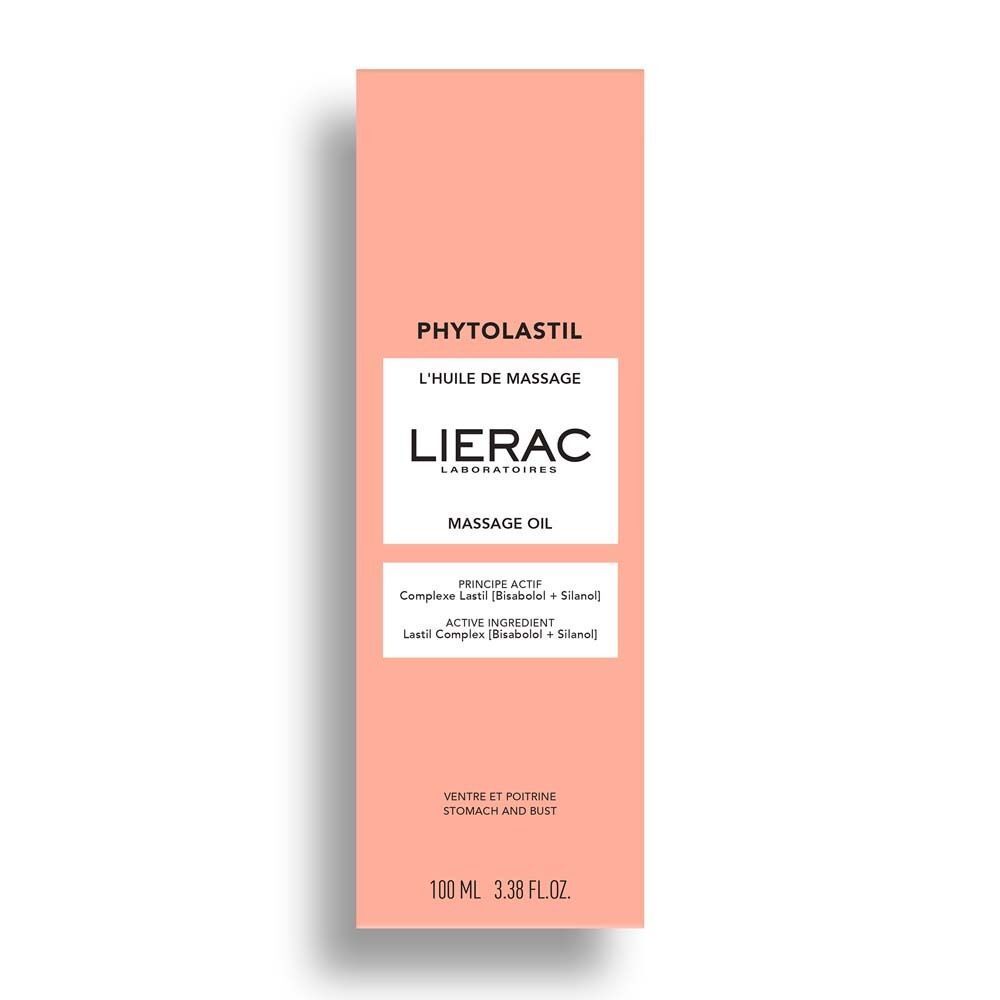 Rosa Verpackung mit Aufschrift: LIERAC, Phytolastil, L'huile de massage, Massage Oil, 100 ml.