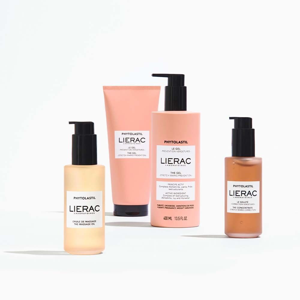 Verschiedene Produkte. Aufschrift: LIERAC, Phytolastil, L'huile de massage, The gel, Le gel, 400 ml, Le concentré.