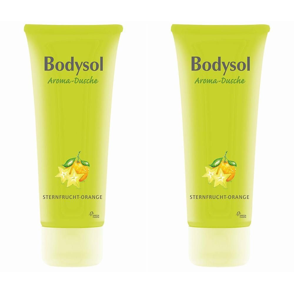 Zwei grüne Tuben Bodysol Aroma-Dusche Sternfrucht-Orange. Aufschrift Bodysol, Aroma-Dusche und Sternfrucht-Orange. Abbildung von Sternfrucht.