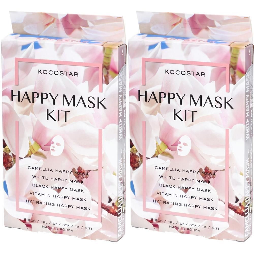 Zwei Kocostar Happy Mask Kit-Verpackungen. Aufschrift: Happy Mask Kit. Auf der Verpackung sind verschiedene Maskenarten aufgeführt.