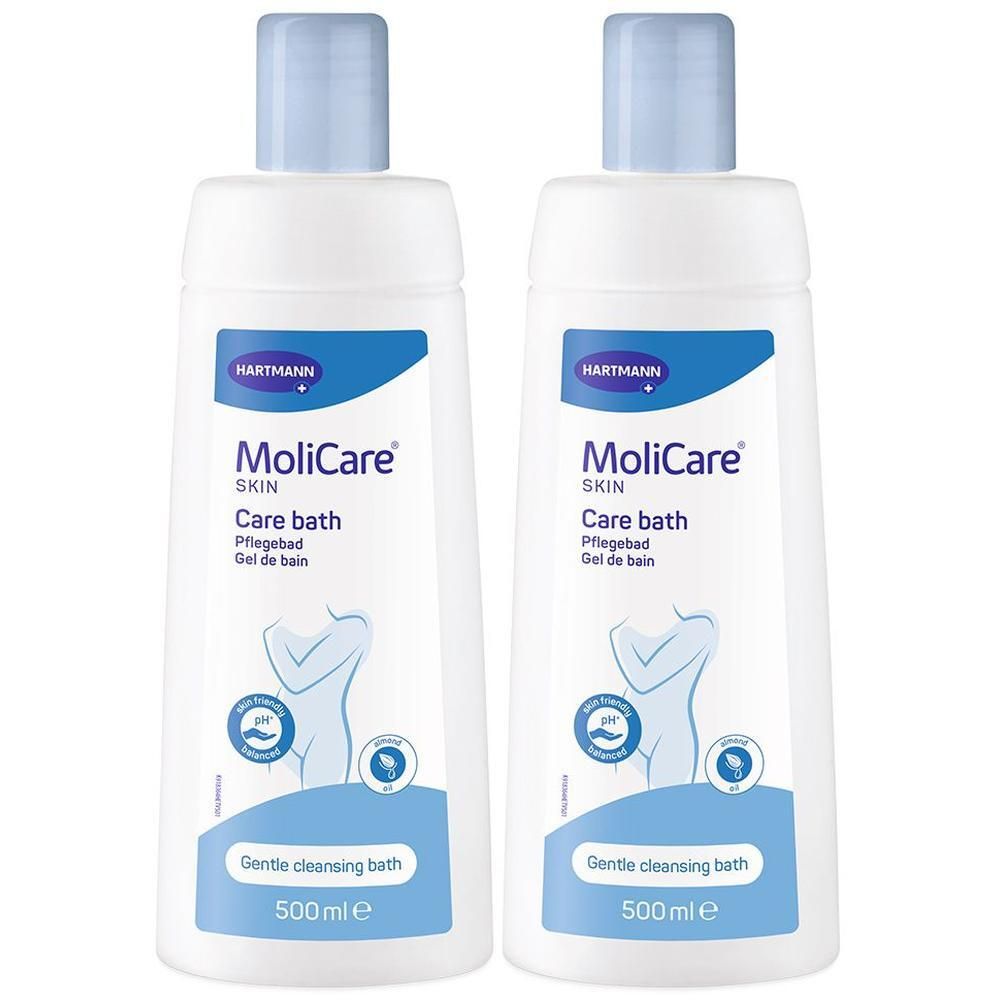 Zwei weiße Flaschen mit blauem Deckel. Aufschrift: MoliCare Skin Care bath. pH-hautneutral. 500ml.