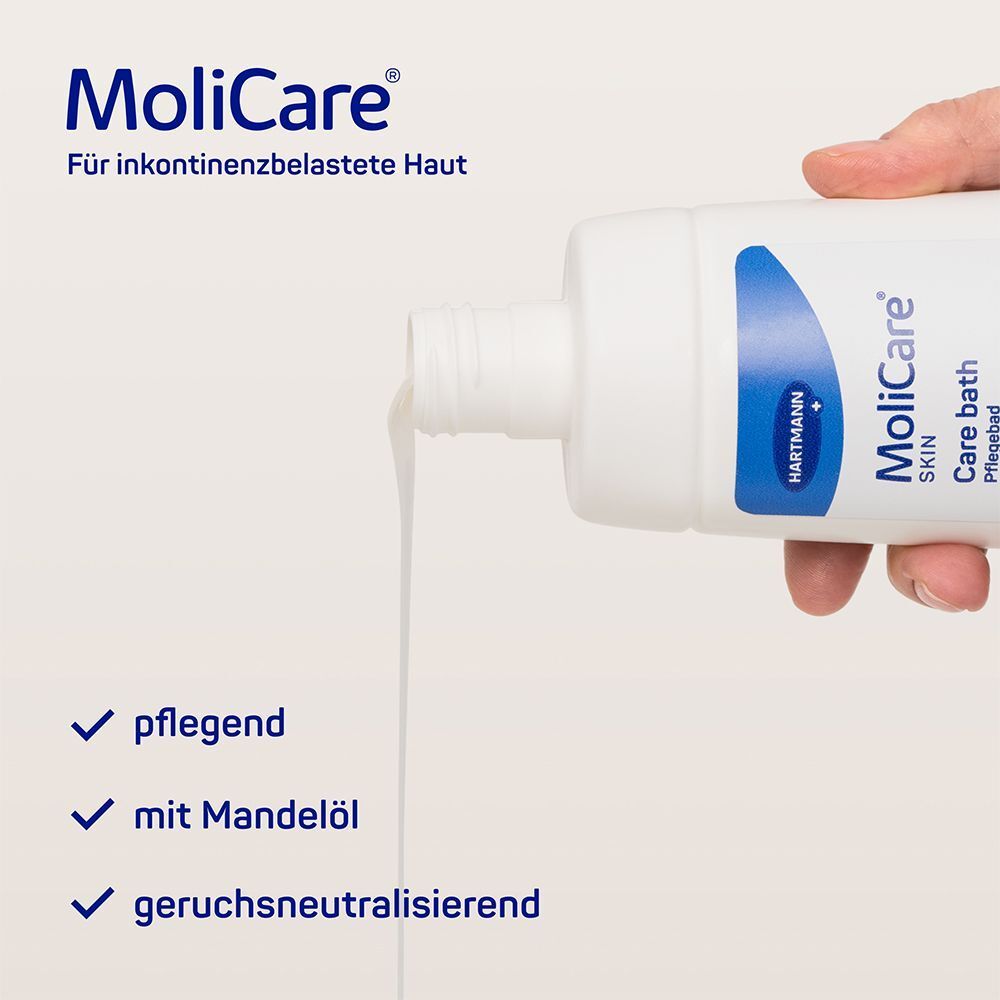 Weiße Flasche mit blauem Deckel. Aufschrift: MoliCare Skin Care bath. Flüssigkeit fließt aus der Flasche. Text: pflegend, mit Mandelöl, geruchsneutralisierend.
