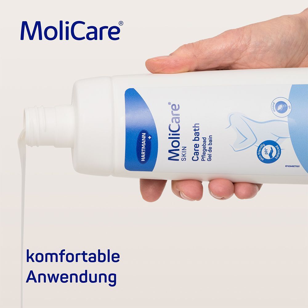 Weiße Flasche mit blauem Deckel. Aufschrift: MoliCare Skin Care bath. Flüssigkeit fließt aus der Flasche. Text: komfortable Anwendung.