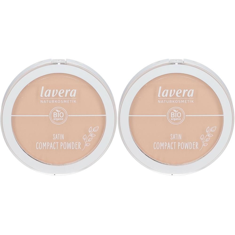 Zwei runde Kompaktpuder-Dosen. Aufschrift: lavera, Naturkosmetik, BIO, Satin Compact Powder. Helle Farbe.