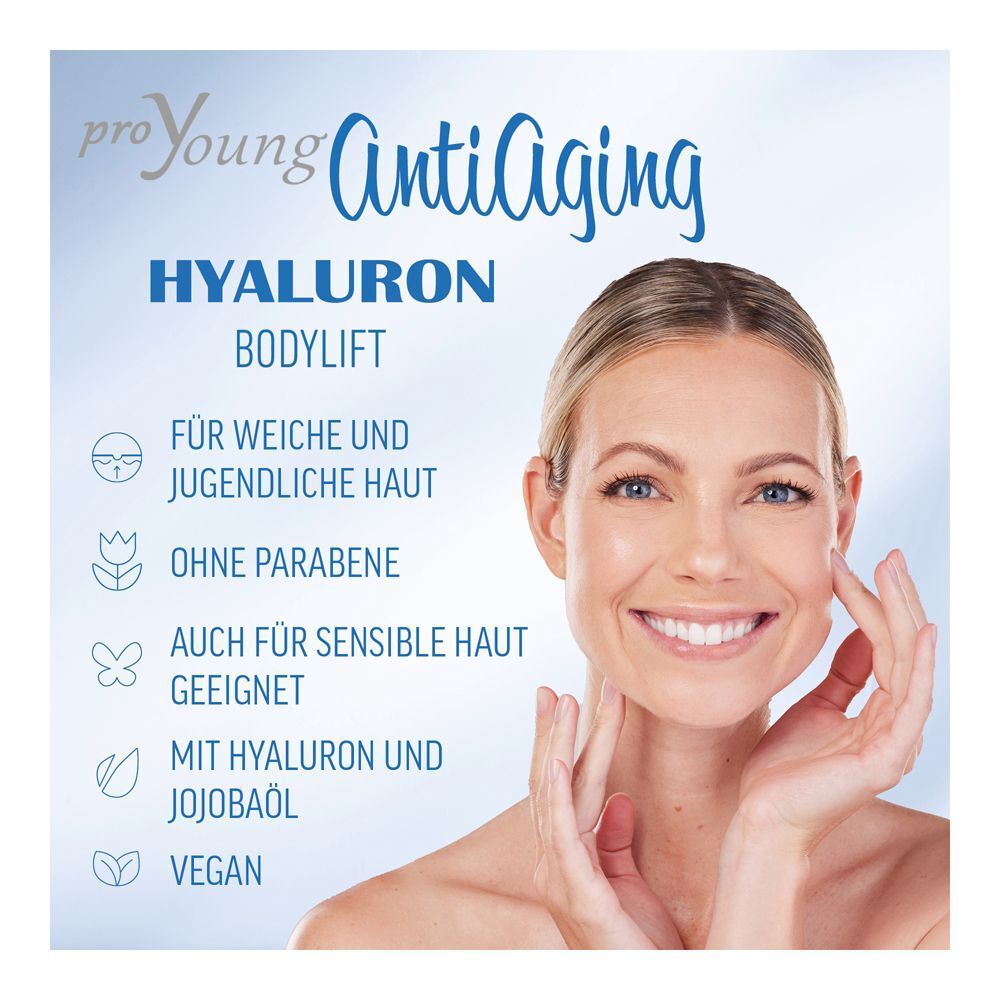 Frau mit Gesicht. Text: HYALURON BODYLIFT, für weiche und jugendliche Haut, ohne Parabene, auch für sensible Haut geeignet, mit Hyaluron und Jojobaöl, vegan.