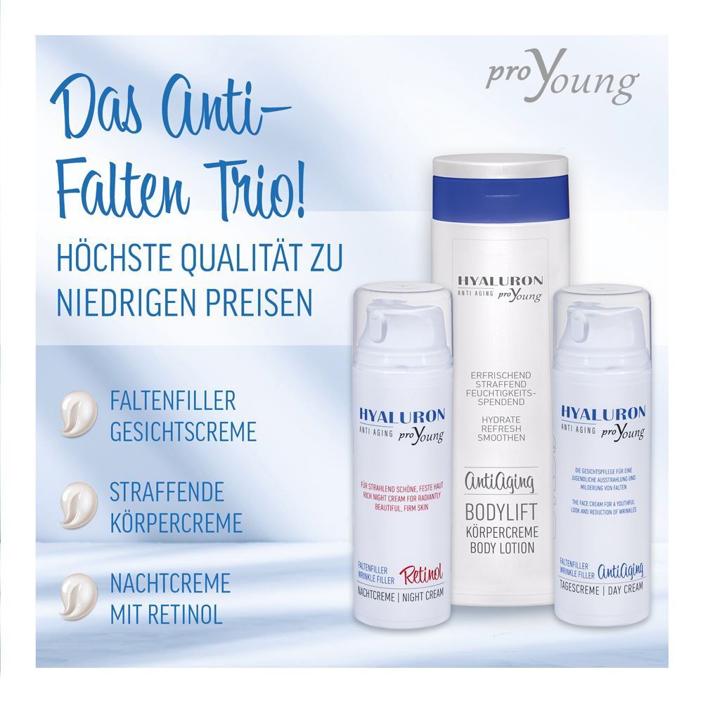 Drei Produkte: Flasche, Gesichtscreme, Nachtcreme. Text: Das Anti-Falten Trio! Höchste Qualität zu niedrigen Preisen. Straffende Körpercreme.