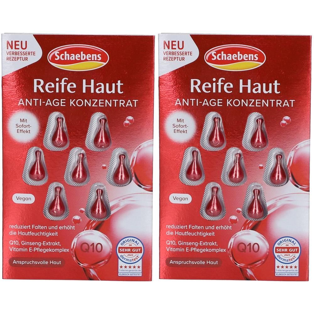 Zwei Packungen Schaebens Reife Haut Anti-Age Konzentrat mit je 10 Kapseln. Rote Tropfenform.