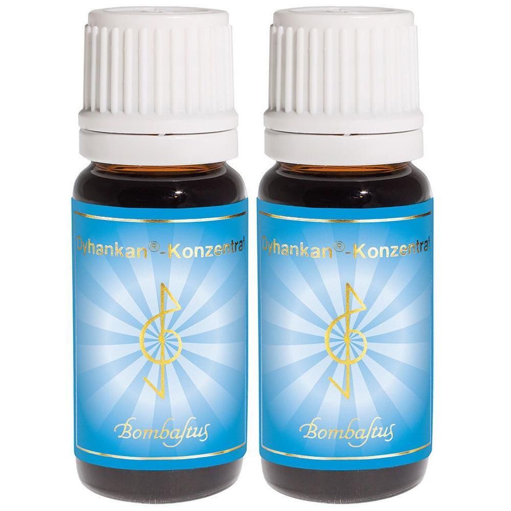 Zwei Fläschchen Dyhankan-Konzentrat mit weißen Schraubverschlüssen und blauen Etiketten mit goldenem Symbol und Schriftzug.