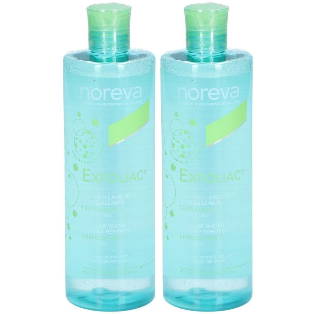 Zwei Flaschen mit grünem Deckel. Aufschrift "noreva Exfoliac". Türkisblaue Flüssigkeit. Grüne Etiketten mit Text.