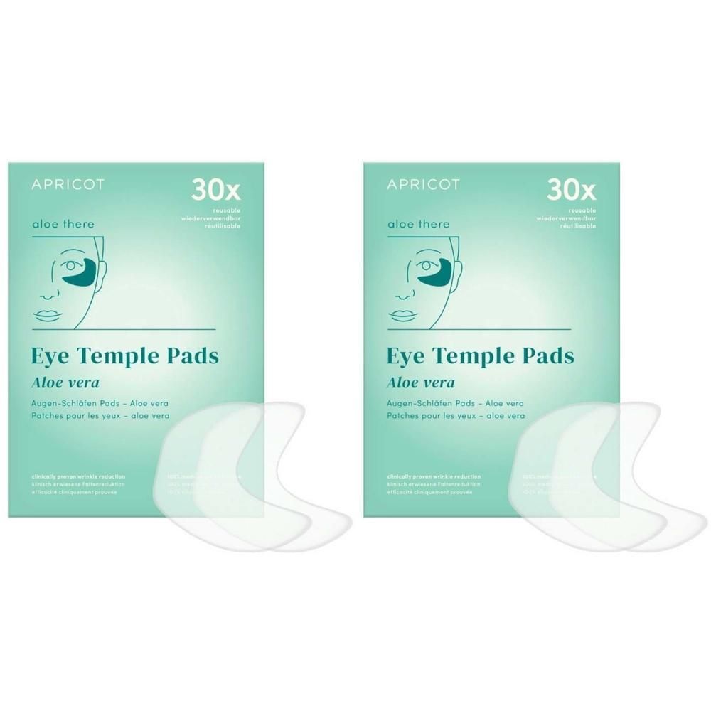 Zwei Packungen mit Augen-Schläfen Pads. Aufschrift: APRICOT, 30x, Eye Temple Pads, Aloe vera. Pads sind sichtbar.