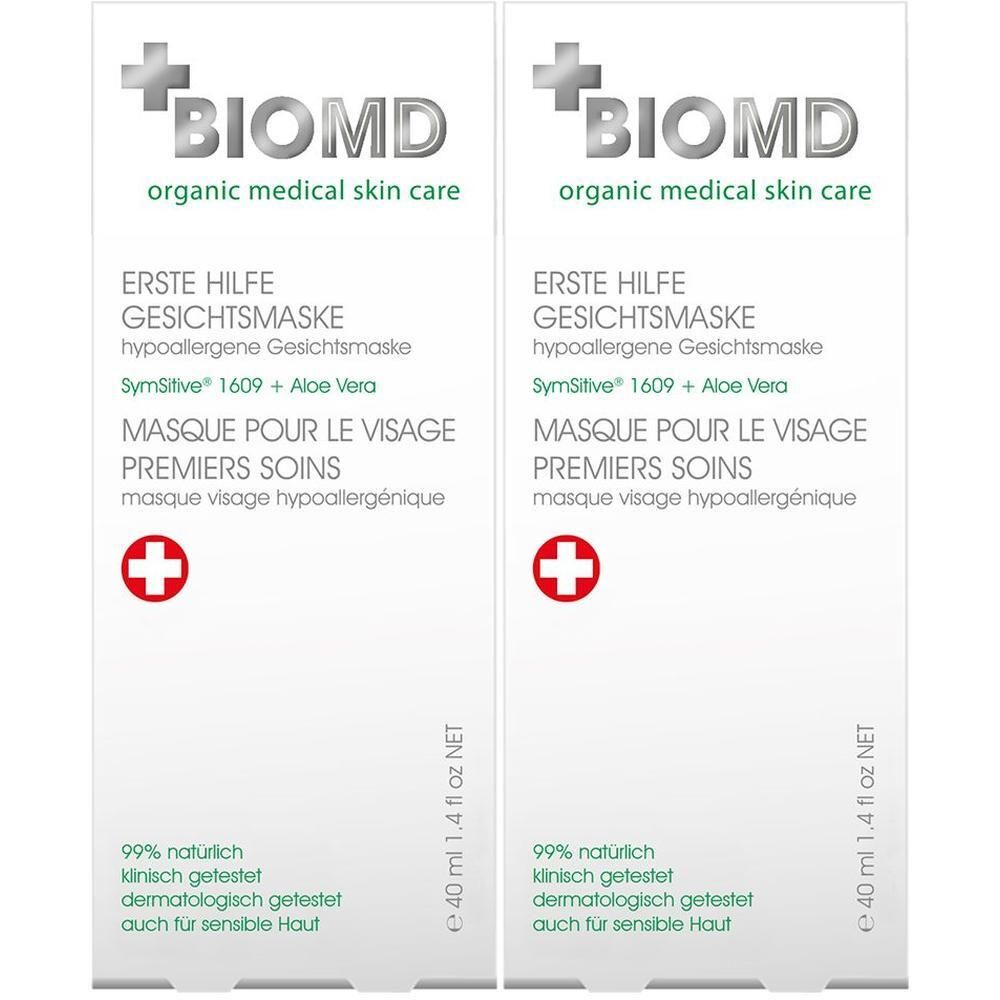 Zwei weiße Kartons mit Produktaufdruck. Oben links Logo und Schriftzug BIOMD. Text: Erste Hilfe Gesichtsmaske, hypoallergen, 40 ml.