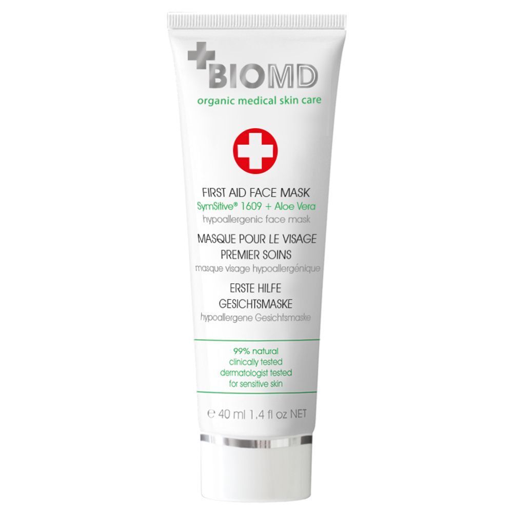Weiße Tube mit Produktaufdruck. Oben links Logo und Schriftzug BIOMD. Text: First Aid Face Mask, 40 ml. Mit rotem Kreuz.