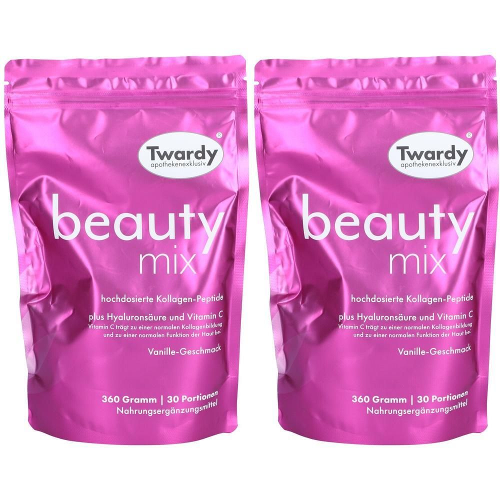 Zwei Beutel Twardy beauty mix. Rosa Verpackung mit weißer Schrift. Enthält hochdosierte Kollagen-Peptide, Hyaluronsäure und Vitamin C. Vanille-Geschmack.
