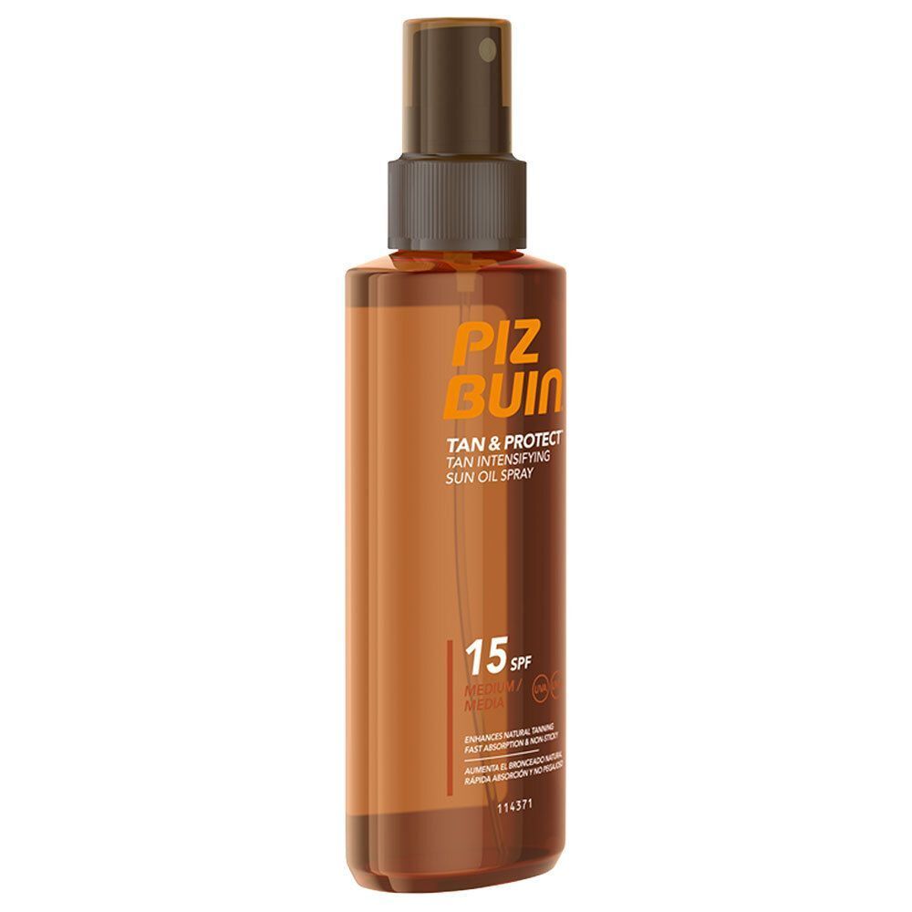 PIZ BUIN® TAN & PROTECT Oil Spray LSF 15. Braune Sprühflasche mit braunem Sprühkopf. Text: TAN & PROTECT, 15 SPF.