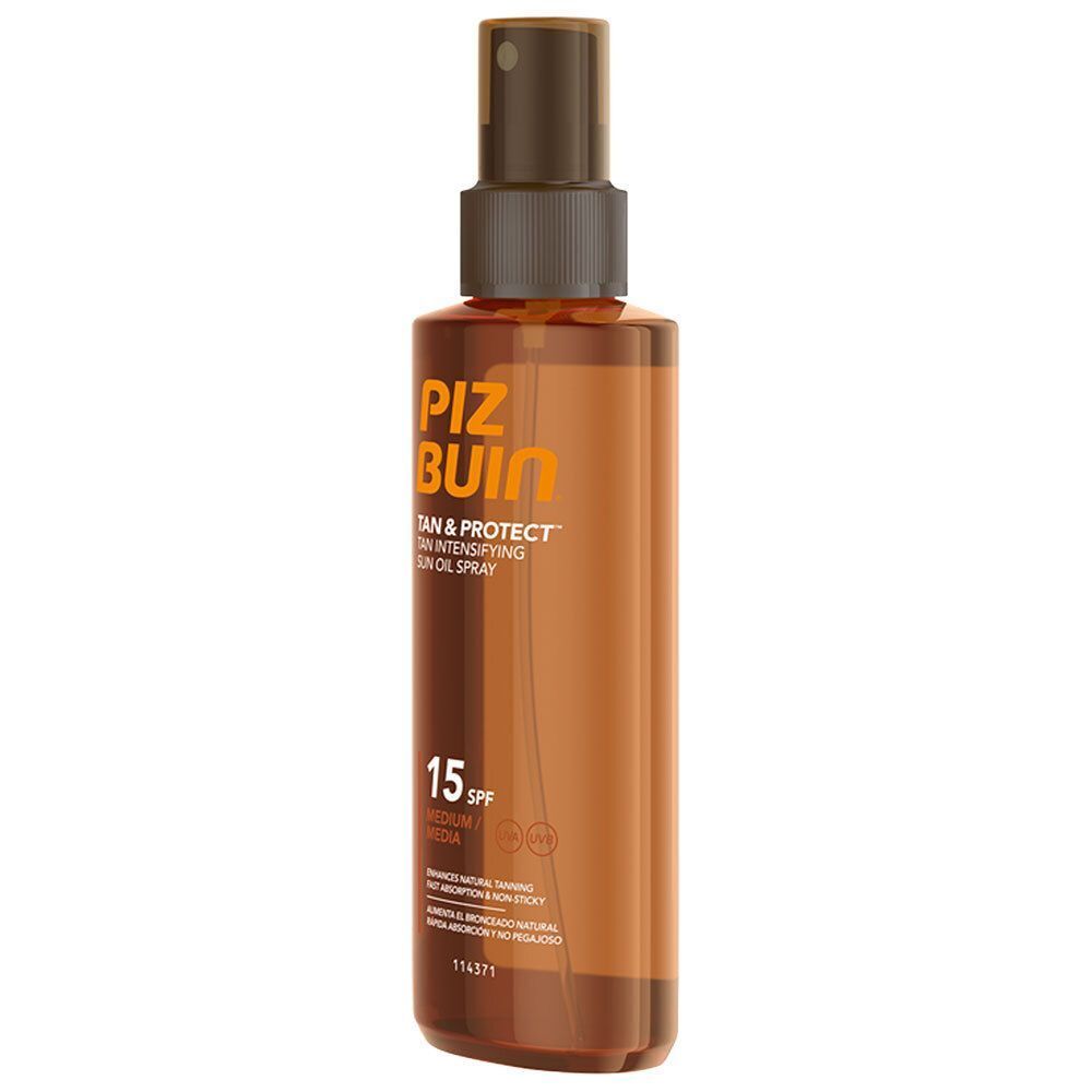 PIZ BUIN® TAN & PROTECT Oil Spray LSF 15. Braune Sprühflasche mit braunem Sprühkopf. Text: TAN & PROTECT, 15 SPF.