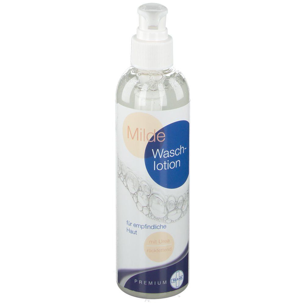 Transparente Flasche mit Pumpspender. Aufschrift: Milde Waschlotion. Für empfindliche Haut. Premium.