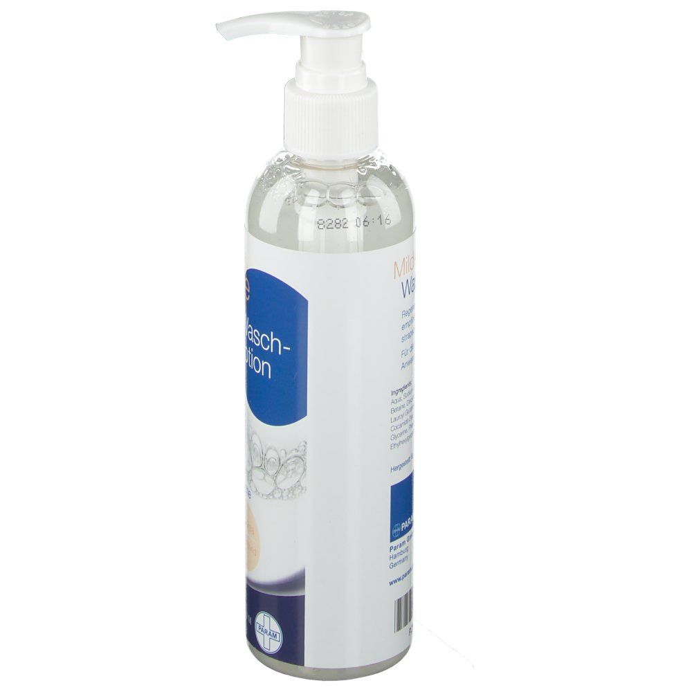 Transparente Flasche mit Pumpspender. Aufschrift: Milde Waschlotion. Rückseite mit Text. Premium.