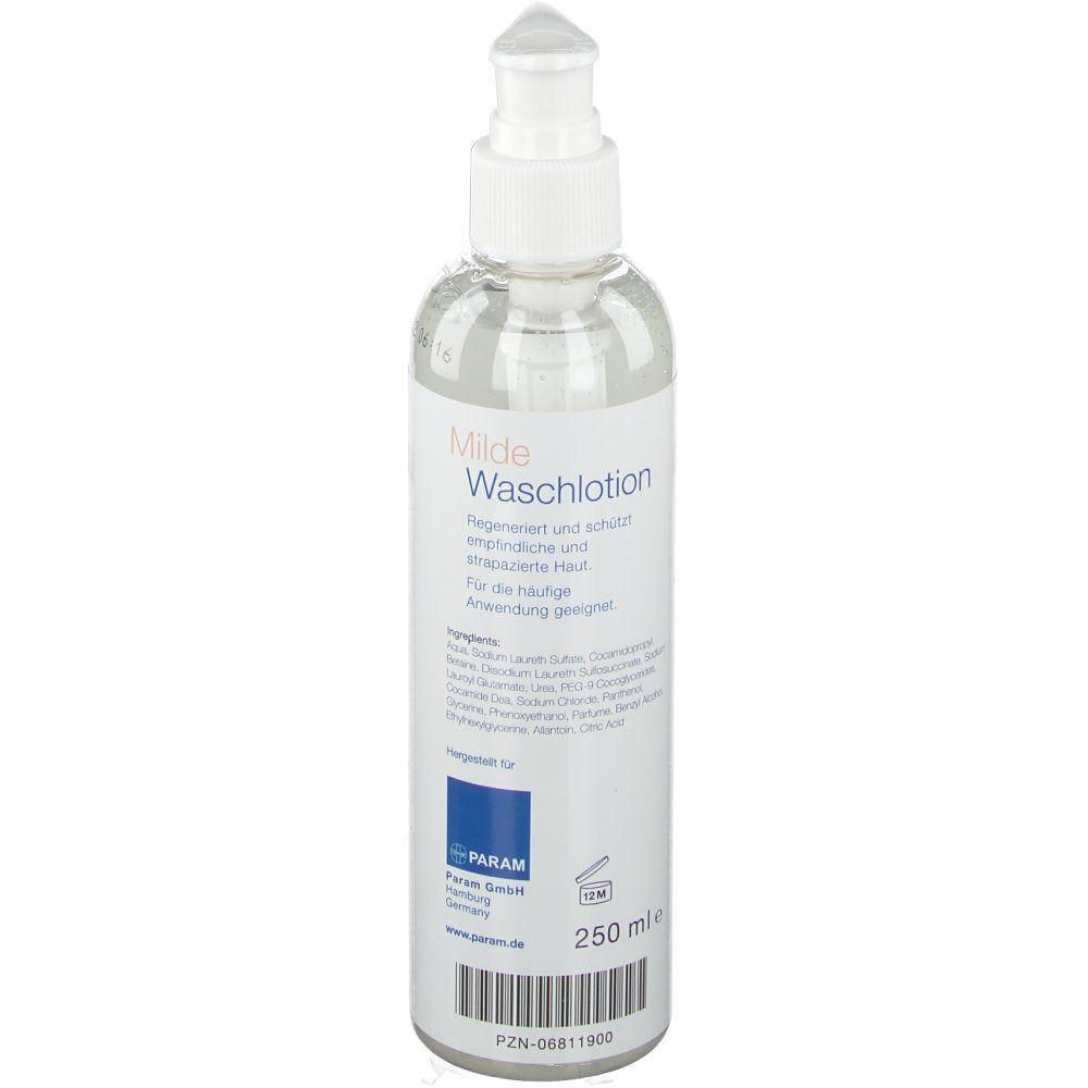 Transparente Flasche mit Pumpspender. Aufschrift: Milde Waschlotion. 250 ml. Inhaltsstoffe. Premium.