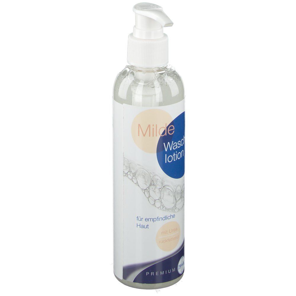 Transparente Flasche mit Pumpspender. Aufschrift: Milde Waschlotion. Für empfindliche Haut. Premium.