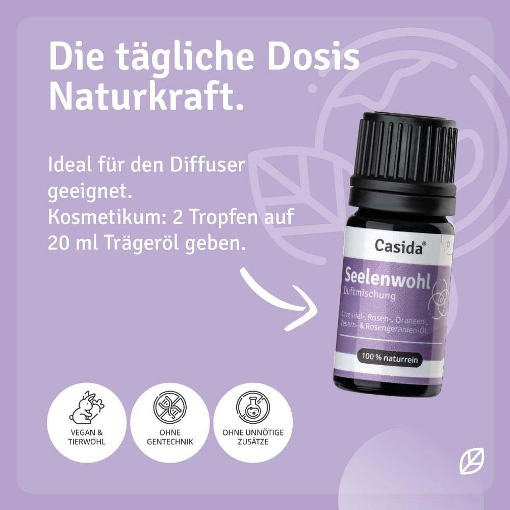 Flasche Casida® Seelenwohl. Violettes Etikett, schwarzer Deckel. Text: 100% naturrein. Vegan & tierwohl, ohne Gentechnik, ohne Zusätze.