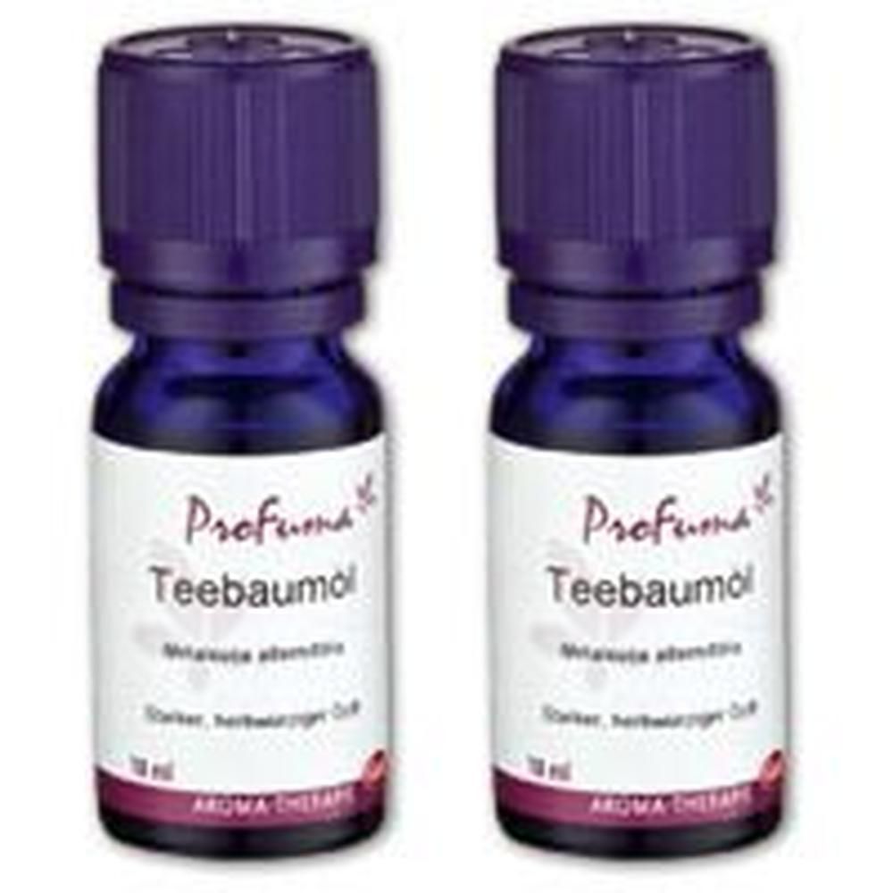 Zwei Flaschen mit lila Deckel und Etikett. Aufschrift: ProFuma Teebaumöl. 10 ml. Aroma Therapie.