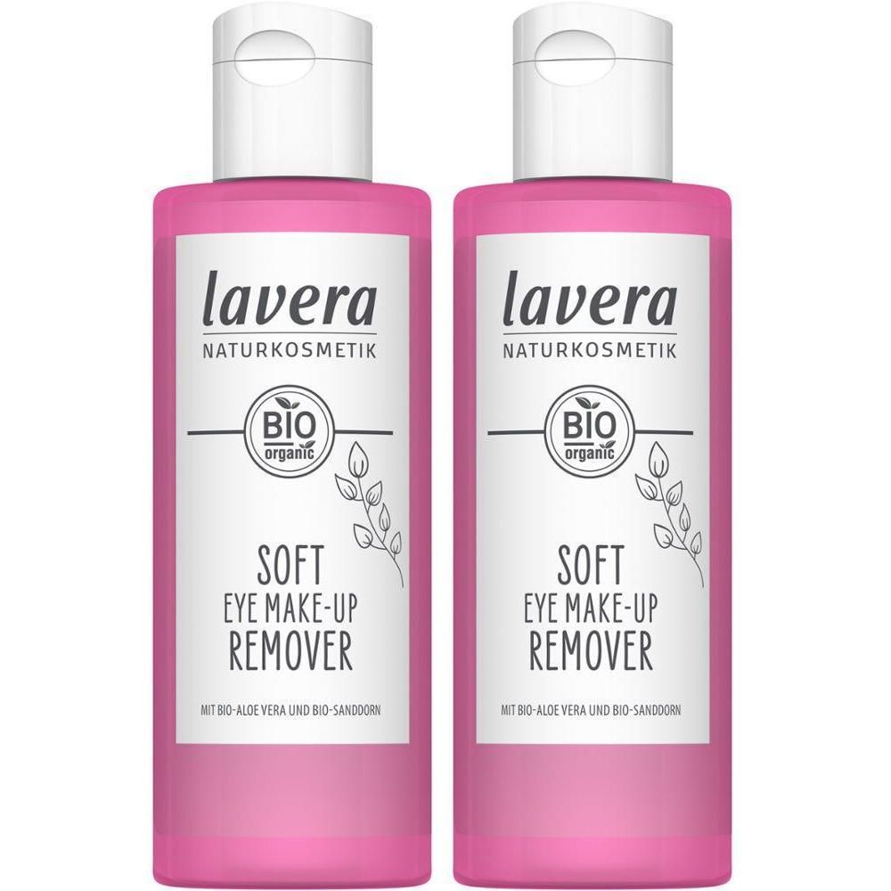 Zwei Flaschen mit rosa Flüssigkeit. Aufschrift: lavera NATURKOSMETIK, BIO organic, SOFT EYE MAKE-UP REMOVER.