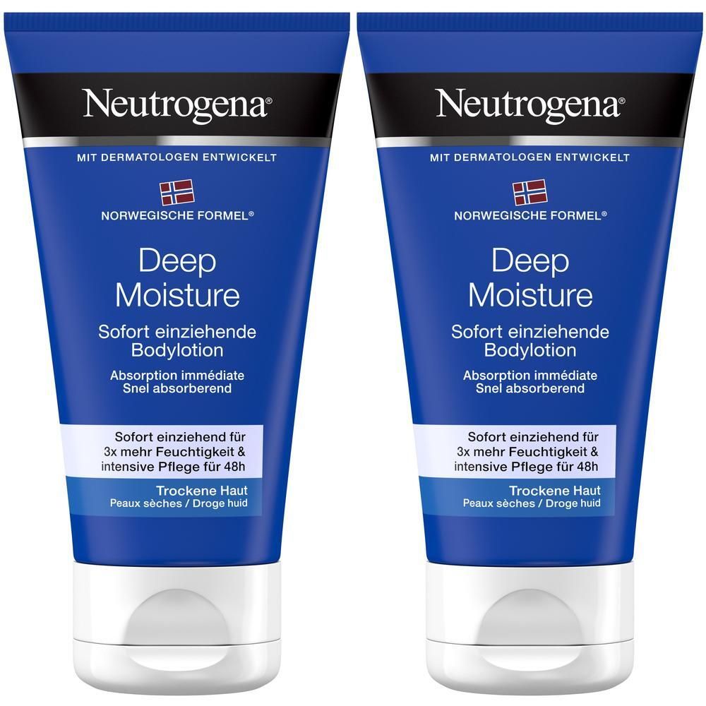 Zwei blaue Tuben Neutrogena Deep Moisture Bodylotion. Weiße Kappen, blaue Schrift. Text: Deep Moisture, Sofort einziehende Bodylotion.