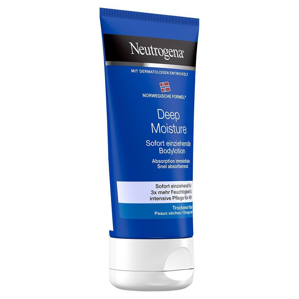 Blaue Tube Neutrogena Deep Moisture Bodylotion. Weiße Kappe, blaue Schrift. Text: Deep Moisture, Sofort einziehende Bodylotion.
