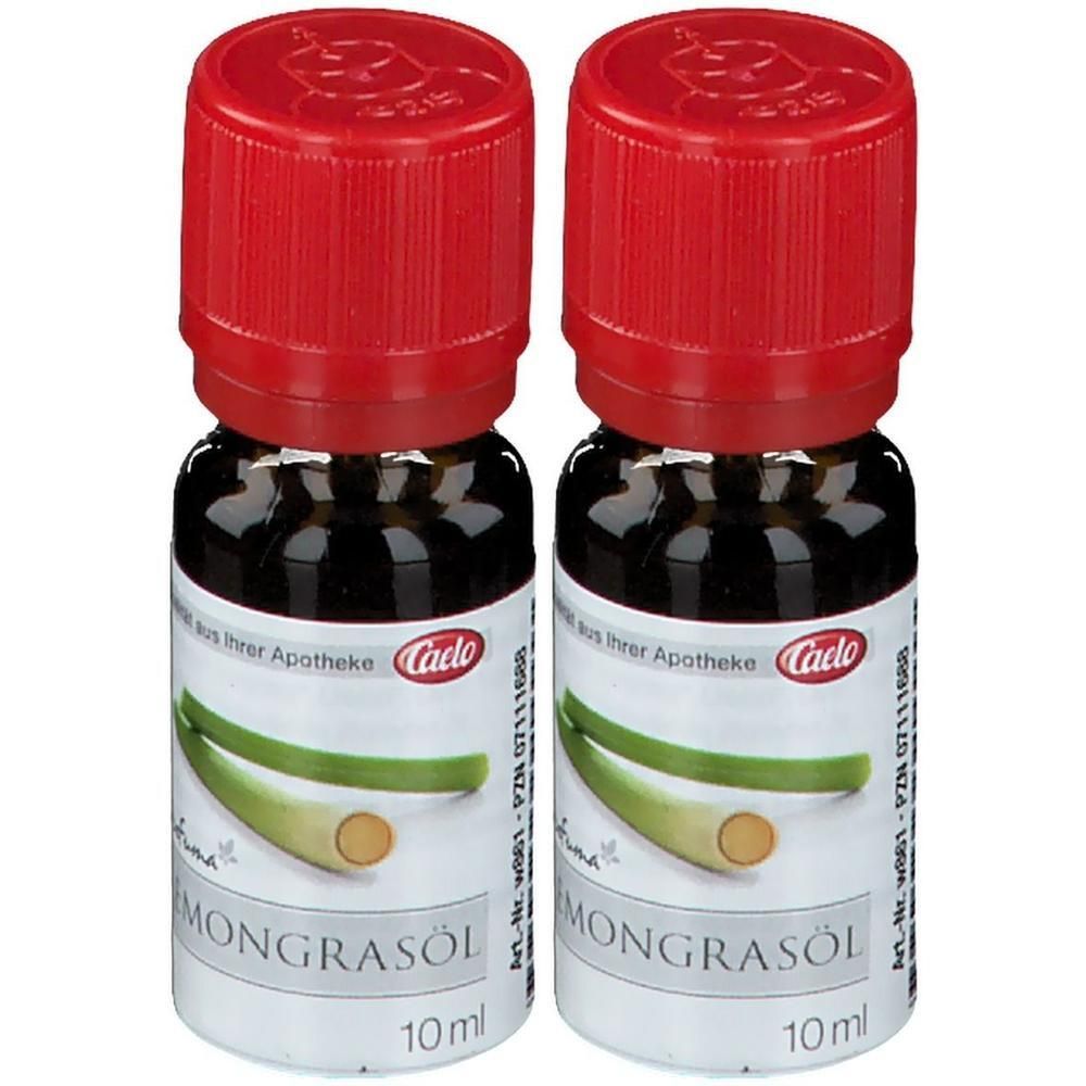Zwei kleine Glasflaschen mit rotem Verschluss. Auf den Etiketten steht "Lemongrasöl" und "Caelo".