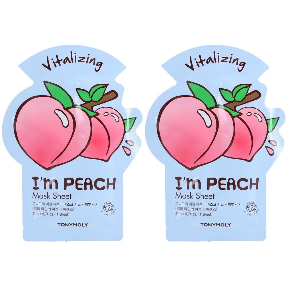 Zwei Maskenblätter mit Pfirsich-Illustration. Aufschrift: I'm PEACH, Mask Sheet, Vitalizing. Marke: TONYMOLY.