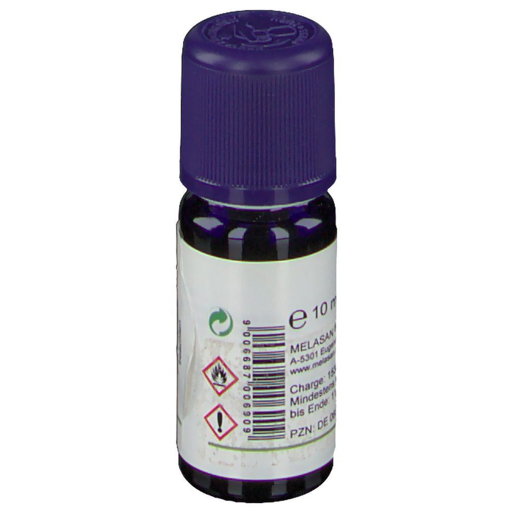 Rückseite einer MELASAN® Tangerine Flasche. Aufschrift: MELASAN, 10 ml, Chargennummer, Mindesthaltbarkeit, PZN-Code. Warnhinweise.