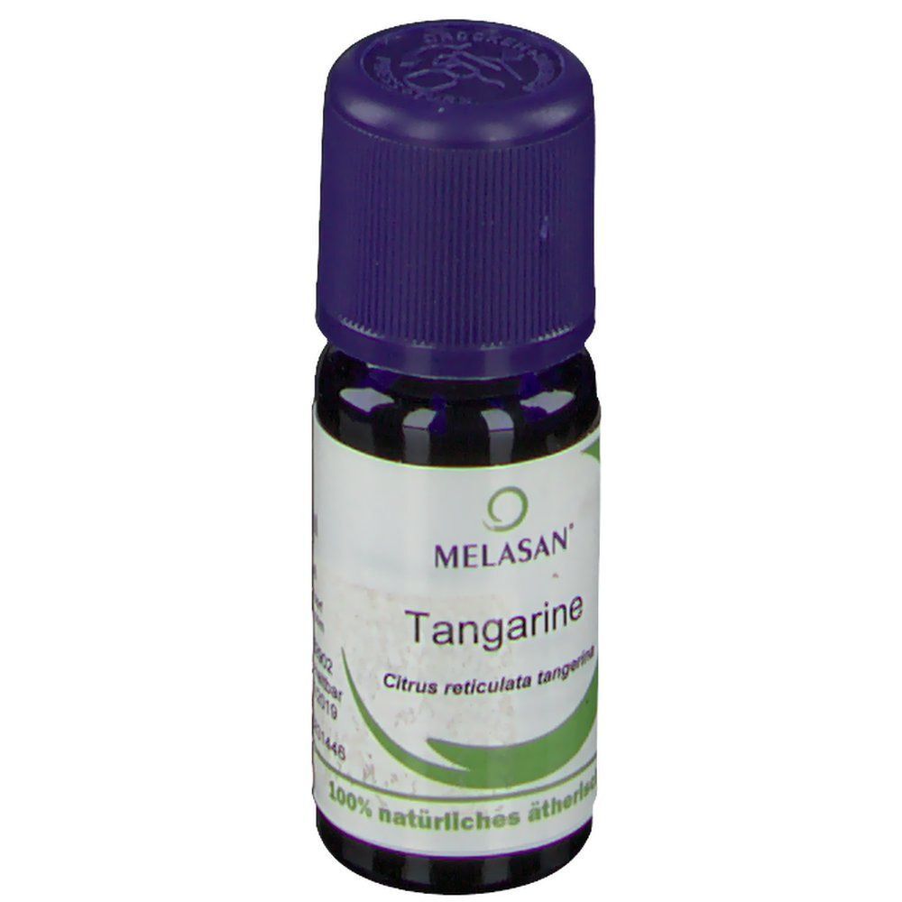 MELASAN® Tangerine Flasche. Glasflasche mit blauem Deckel und Etikett. Aufschrift: MELASAN, Tangerine, Citrus reticulata tangerina. 100% natürliches ätherisches Öl.